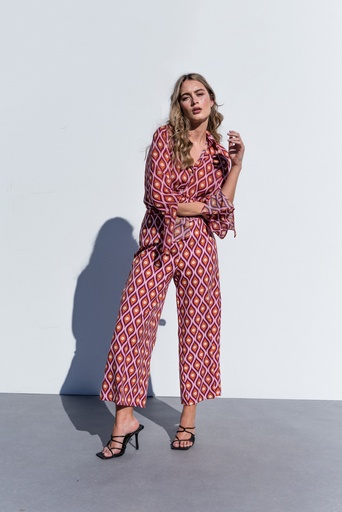 ENSEMBLE BLUSA ESTAMPADA VOLANTES/PANTALON ESTAMPADO